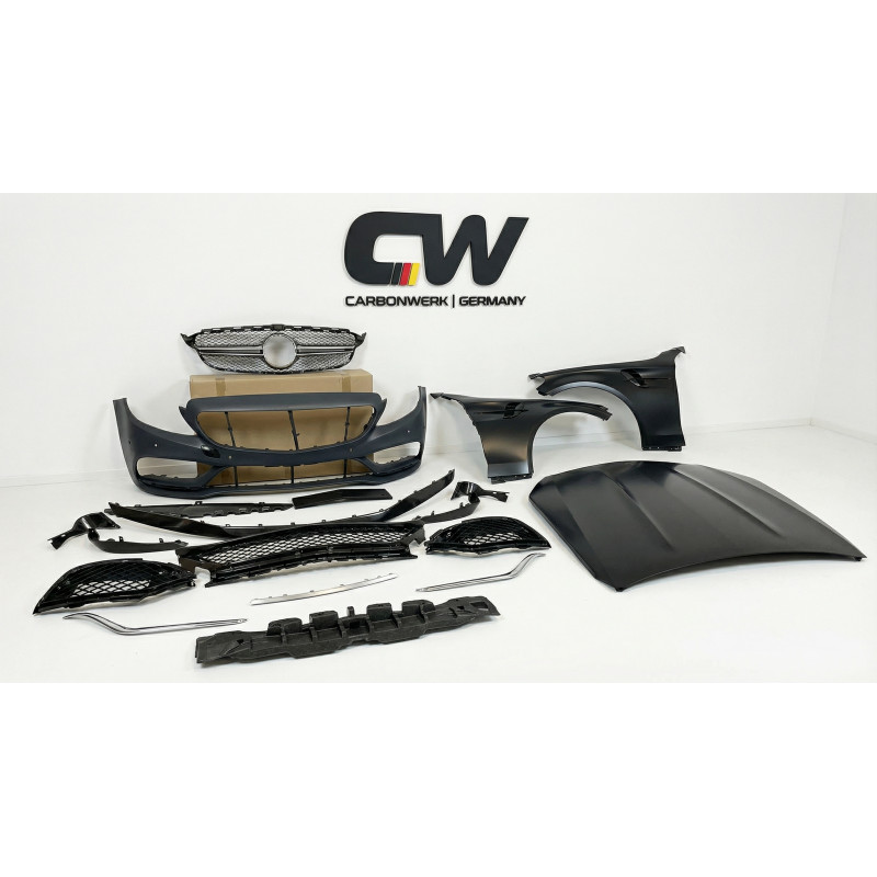 Carbonparts Tuning 2014 - Bodykit Stoßstange Kotflügel Motorhaube Vorne Frontbau passend für Mercedes C W205 S205 2014-2018