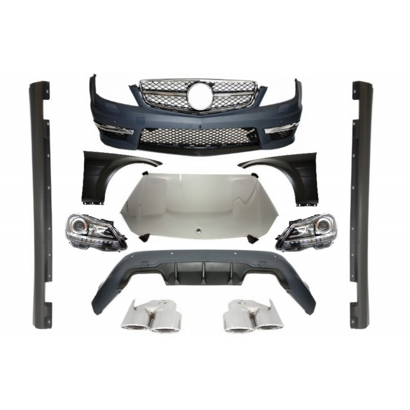 Carbonteile Tuning Bodykit Stoßstangen Komplett Umbau Set PP für Mercedes C-Klasse W204 (2007–2012) Facelift Xenon nicht 63 AMG