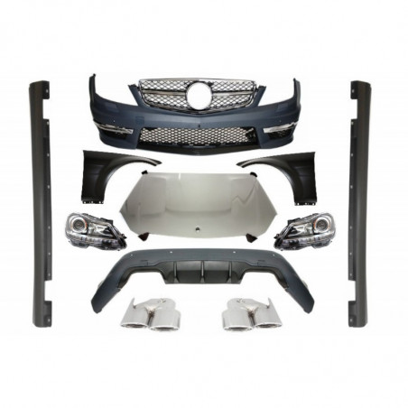 Carbonteile Tuning Bodykit Stoßstangen Komplett Umbau Set PP für Mercedes C-Klasse W204 (2007–2012) Facelift Xenon nicht 63 AMG